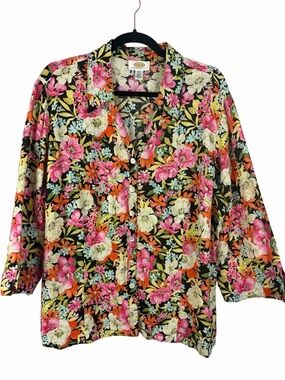 Talbots Woman Petites Floral Linen Button Front Blouse Size 20W
